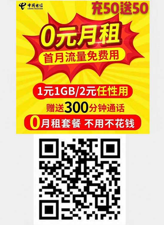 中国电信0元月租1元1G&2元任性用，赠送300分钟话费，0元套餐不用不花钱-全民淘