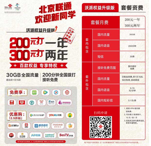 【即将结束】#2019北京联通校园卡#12.5元/月：30GB全国流量+200分钟+30短信，全国包邮，申请无任何限制-全民淘