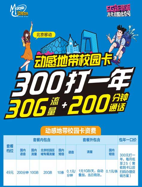 2020年北京移动校园卡，每月30G流量+200分钟通话+短信10条 300打一年 办理方式-全民淘