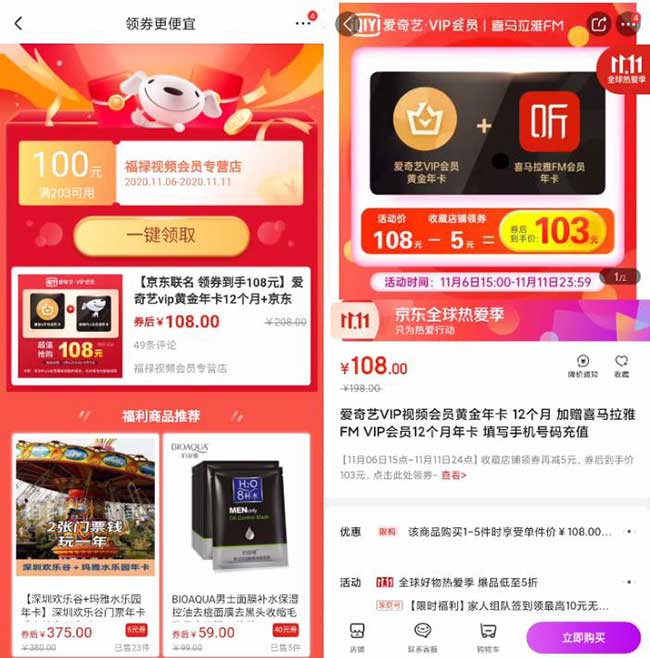 低至97元1年爱奇艺VIP+1年京东plus会员-全民淘