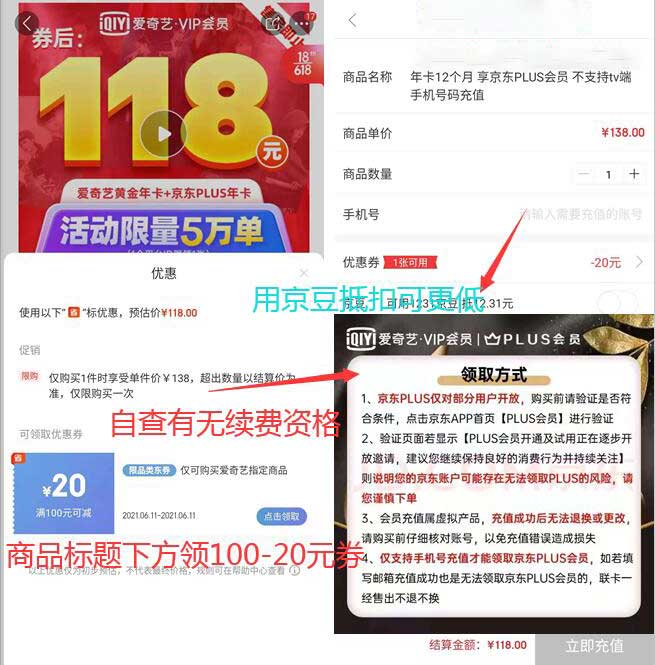 118元以下1年爱奇艺黄金VIP+1年京东plus会员-全民淘