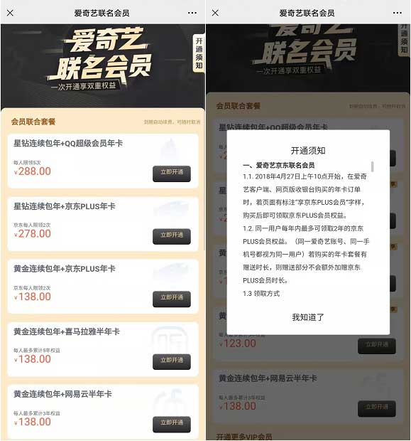 138元开通爱奇艺和京东PLUS联合会员-全民淘