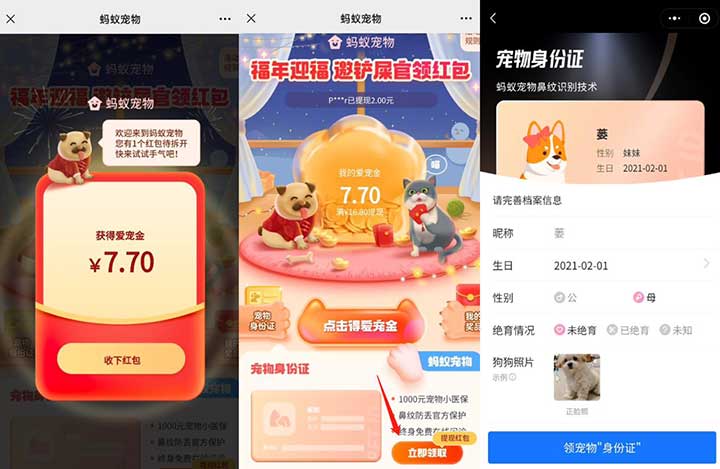 蚂蚁宠物福年迎福领3元支付宝现金 秒到 还能继续领16.8元-全民淘