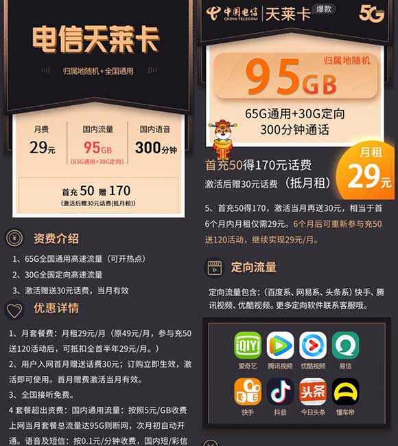 中国电信 天莱卡 29元95G+300分钟通话（首充50元得170元）-全民淘