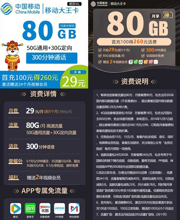 移动大王卡 29元80GB流量+300分钟通话 激活送24个月视频会员-全民淘