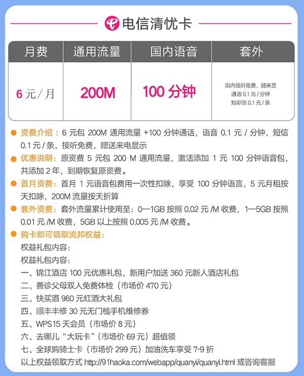 图片[2]-中国电信 清忧卡 6元/月 200M流量+100分钟-全民淘