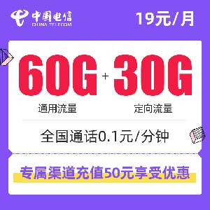 中国电信宁静卡（19元包60G通用+30G定向）随机归属地 全国包邮-全民淘