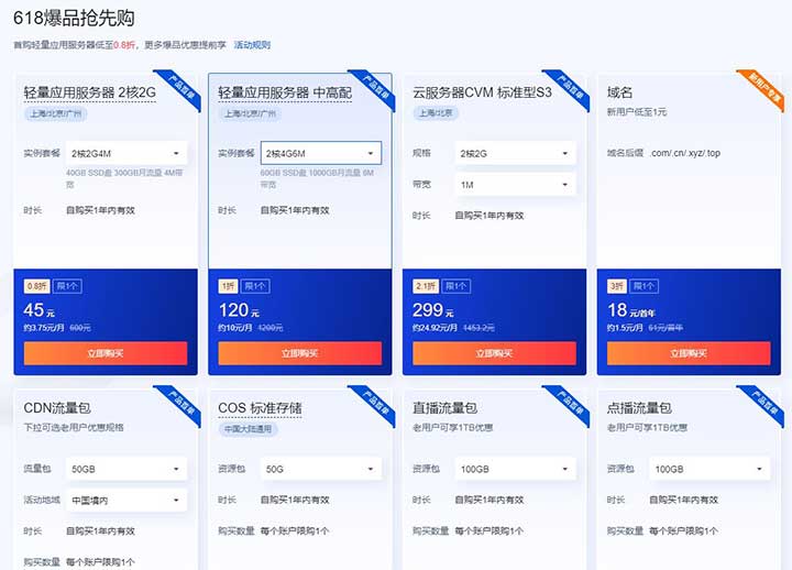 图片[4]-2022年腾讯云618活动：轻量云服务器45元/年，域名1元/年，领618元早鸟礼包-全民淘