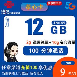 中国联通孝心卡 9元12G+100分钟 归属地为收货地 免费办理全国包邮-全民淘