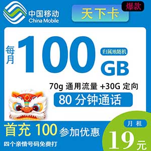 移动天下卡 19元100G+80分钟通话（全国版 ）含本号4个亲情号 每天限量发货-全民淘