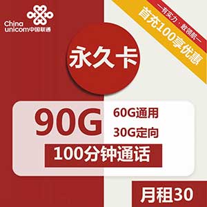 【联通永久卡】30元/月：60G全国流量+30G定向流量+100分钟语音（长期套餐）-全民淘