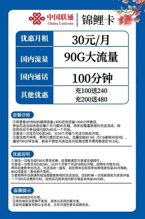 图片[2]-联通锦鲤卡30元包60G通用+30G定向+100分钟通话 免费办理，全国包邮-全民淘