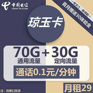 【电信琼玉卡】29元/月：70G全国通用流量+30G定向流量，电信大流量卡限量办理中-全民淘