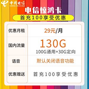 【电信惊鸿卡】29元/月：100G全国通用流量+30G定向流量（电信20年长期纯流量卡套餐）-全民淘