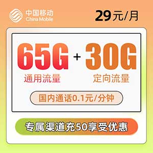 【移动新秋卡】29元/月：65G全国流量+30G定向(移动大流量卡套餐上架啦！)-全民淘