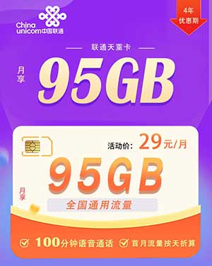 【联通天重卡】29元/月：95G全国流量+100分钟通话（4年套餐、联通低月租大流量卡）-全民淘