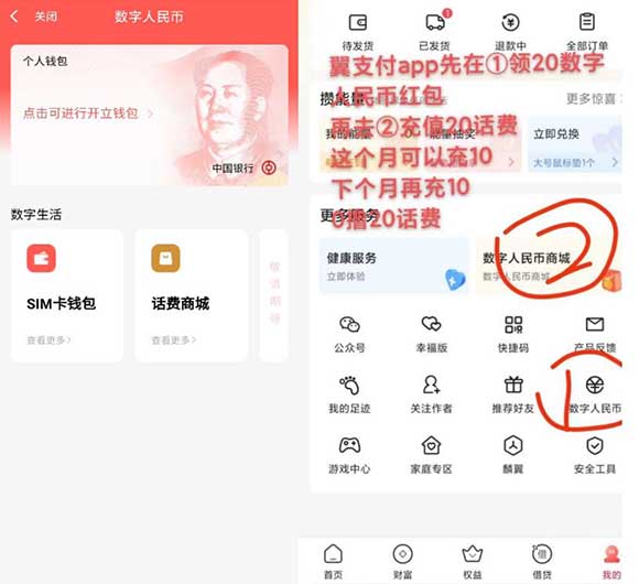翼支付领10+10元数币红包 需首开中行数币钱包-全民淘