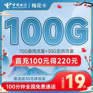 【电信梅花卡】19元/月：70G全国流量+30G定向+100分钟语音，低月租大流量卡-全民淘