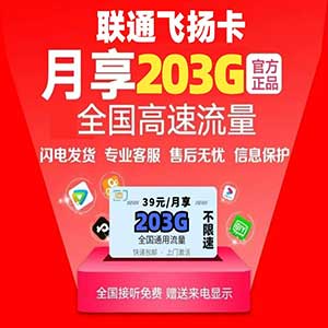 【联通飞扬卡】39元/月：203G全国流量+200分钟（可选号可发新疆西藏云南等省份的大流量卡）-全民淘