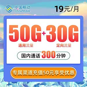 【移动钻石卡】19元/月：50G全国流量+30G定向+300分钟（最划算的移动卡！好套餐别错过）-全民淘