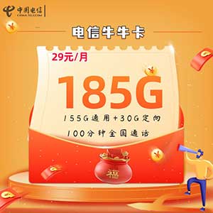 【电信牛牛卡】29元/月：155G全国通用流量+30G定向流量+100分钟（电信长期手机卡套餐）-全民淘