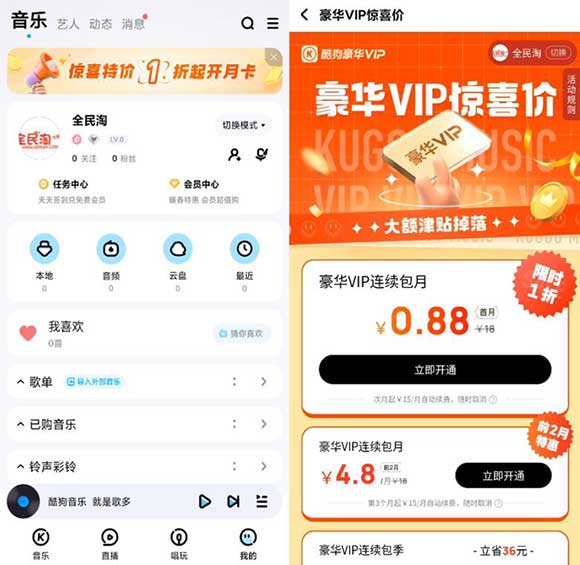 0.88元开一个月酷狗音乐VIP 部分用户有资格-全民淘