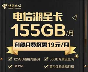 【电信湖星卡】19元：125G全国流量+30G定向+100分钟（电信长期大流量卡手机套餐）-全民淘