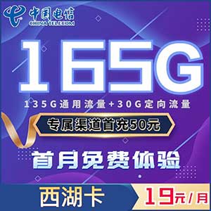 【电信西湖卡】19元：135G全国流量+30G定向（电信大流量卡手机套餐）-全民淘