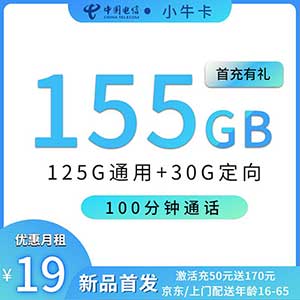 【电信小牛卡】19元：125G全国流量+30G定向+100分钟（电信大流量卡手机套餐）-全民淘