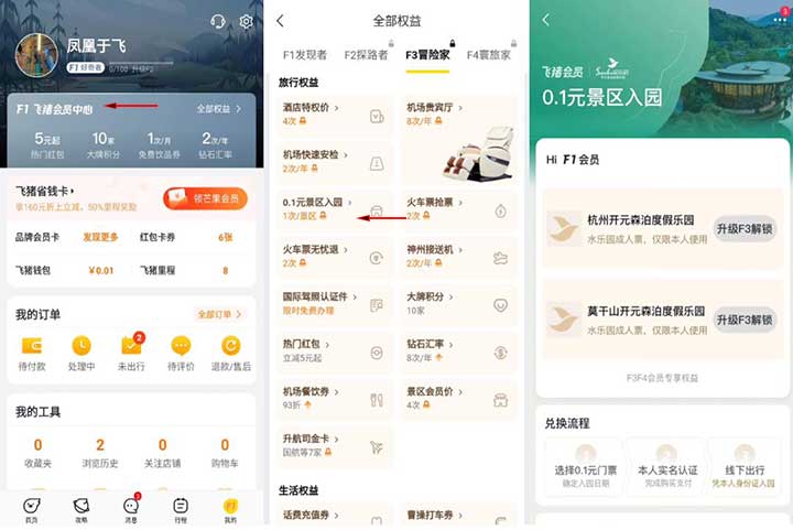 飞猪F3/F4会员特权 0.1元购特定景区入园-全民淘