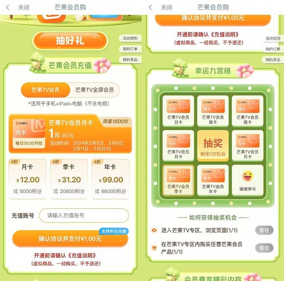 工行抽芒果TV会员7~365天 每日10点秒杀1元芒果会员月卡-全民淘